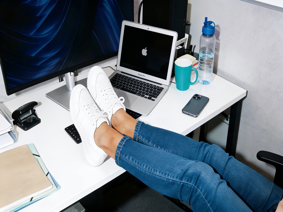 Feet up beside a laptop and turquoise mug on a desk.
